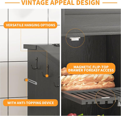 4 Tier Narrow Potato Storage Bin, Tall Wood Potato and Onion Storage Bin with Wheel, Movable Fruit and Vegetable Basket, Food Small Kitchen Pantry Cabinet, Wooden Bread Box, Walnut, Sliding Door