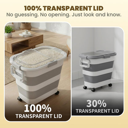 HOYTAMDA 25-35Lbs Rice Container,Collapsible Airtight Food Storage Containers with Wheels,Handle,Rice Storage Container with Small Bin and Scoop,Rice Dispenser for Flour Sugar Cereal Grain Dog Cat