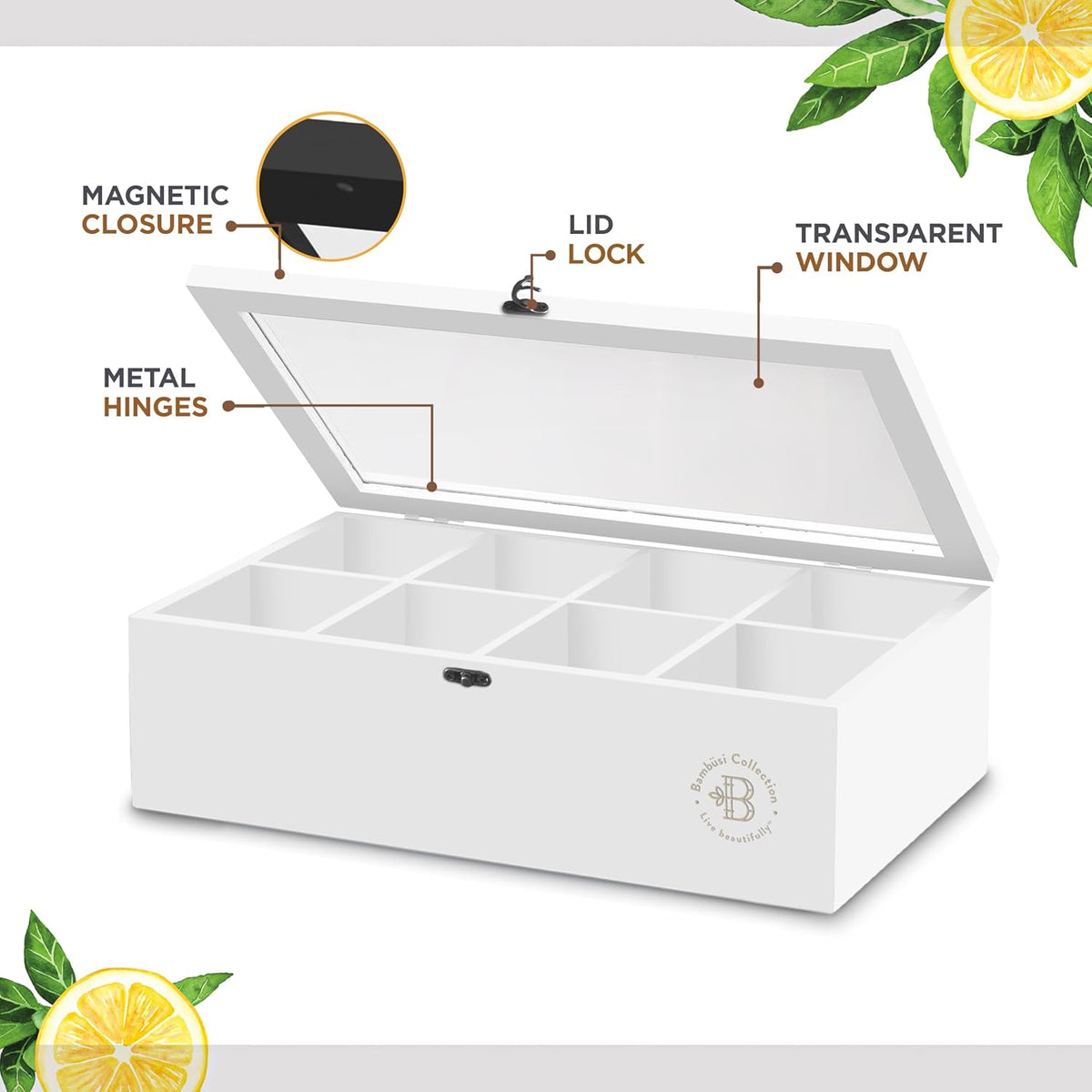 Tea Bag Organizer with Drawer - Bamboo Tea Box Organizer, 8-Compartment Tea Storage Box with Acrylic Lid and Magnetic Closure, Tea Box for Kitchen Counter, Gifts for Mom, Wife, Tea Lovers