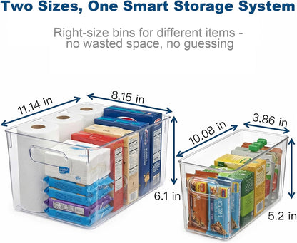 MOONEDGE Set of 4 Clear Plastic Organizer Bins, 2 Large & 2 Small Storage Bins for Pantry, Nestable Space-Saving Containers for Cabinets, Under-Sink, Bathroom, Kitchen & Freezer Organization