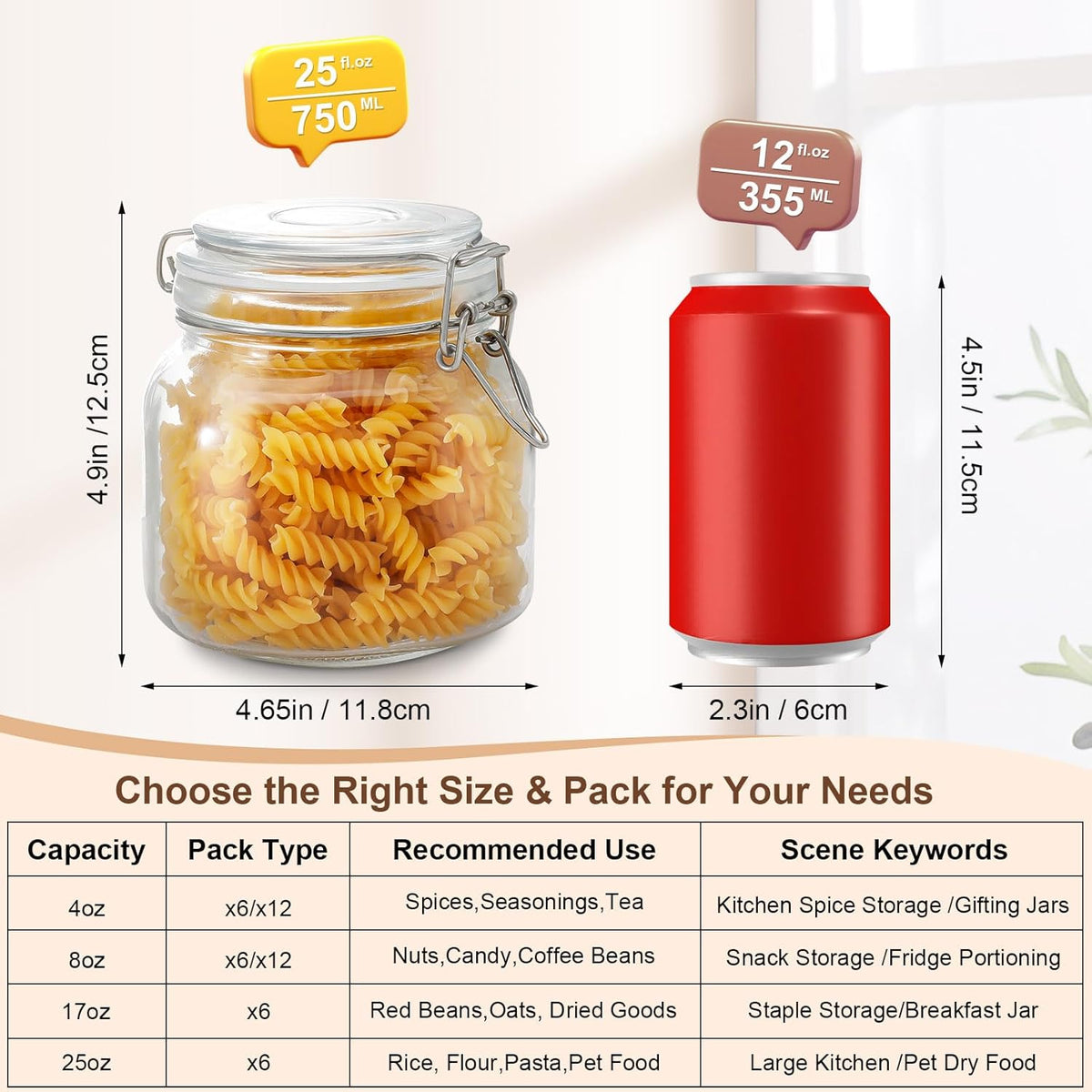 17oz Airtight Glass Jars, 6 Pack Clamp Lid Canisters, Small Food Storage Containers for Spices, Nuts, Snacks, Canning Jar for Jams & Pickling, Pantry Organization
