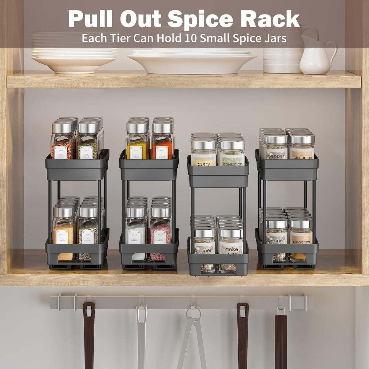 Pull Out Spice Rack Organizer for Cabinet, Slide Out Spice Racks Organizer, Spice Cabinet Organizers, Cabinet Size Need:12'' Highx11'' Deepx5'' Wide,Hold 10 Spice Jar Each Tier-2Tier, Black