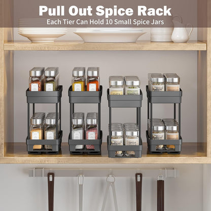 Pull Out Spice Rack Organizer for Cabinet, Slide Out Spice Racks Organizer, Spice Cabinet Organizers, Cabinet Size Need:12'' Highx11'' Deepx5'' Wide,Hold 10 Spice Jar Each Tier-2Tier, Black