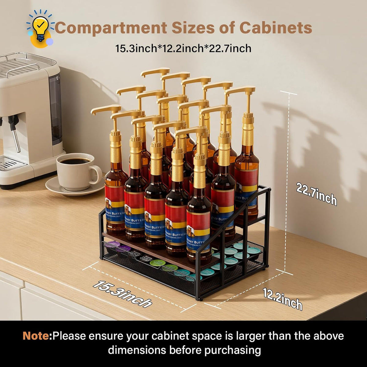 kimilus Coffee Syrup Rack Organizer, 4-Tier 12 Bottle Syrup Rack with 35 K Cup Drawer for Coffee Bar, Countertop Bottle Holder Stand for Dressing for Kitchen Cafe Station
