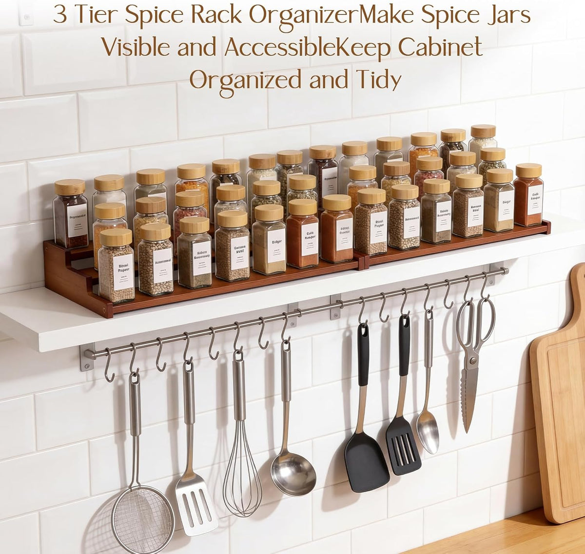 Spice Rack Organizer for Cabinet, 18in Bamboo Tiered Spice Rack，Used for Kitchen Countertops and Food Storage Room Organizer，Specially Designed for Jars and Spice Bottles(Bamboo, L)