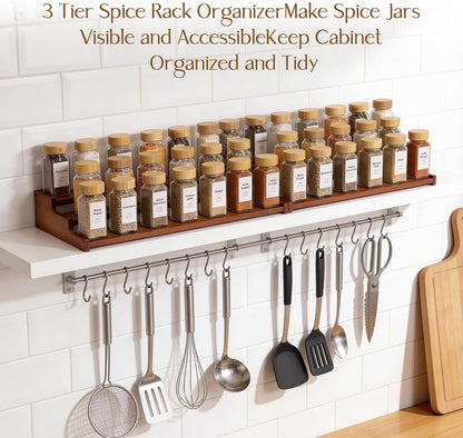 Spice Rack Organizer for Cabinet, 18in Bamboo Tiered Spice Rack，Used for Kitchen Countertops and Food Storage Room Organizer，Specially Designed for Jars and Spice Bottles(Bamboo, L)