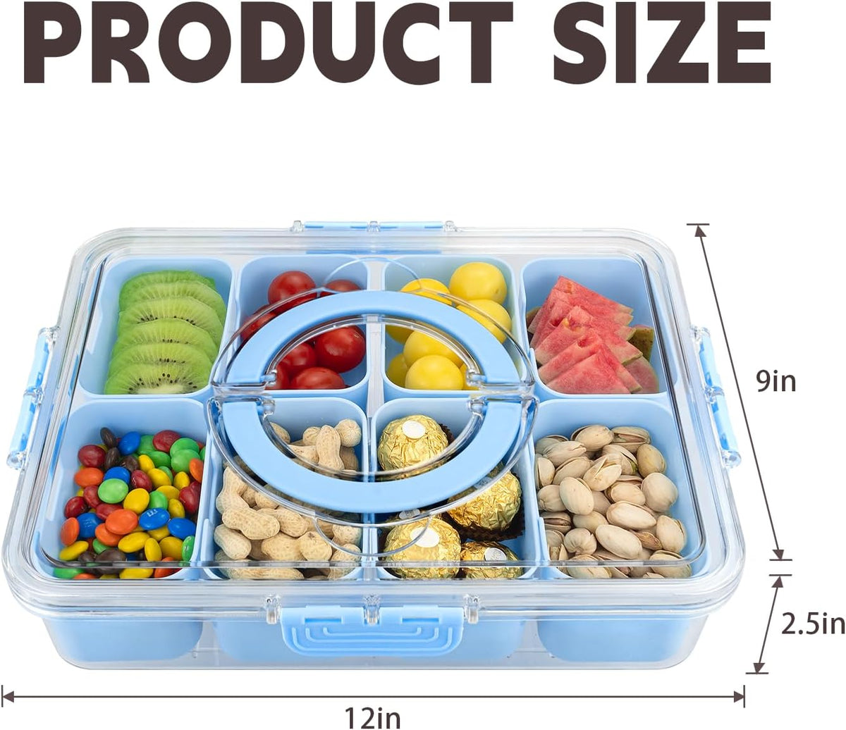 Divided Serving Tray with Lid and Handle,8 Compartments Snacks Box,Snack Fruit Tray,Veggie Tray,Portable Platter for Candy Fruits Nuts Snack Party Entertaining Picnic