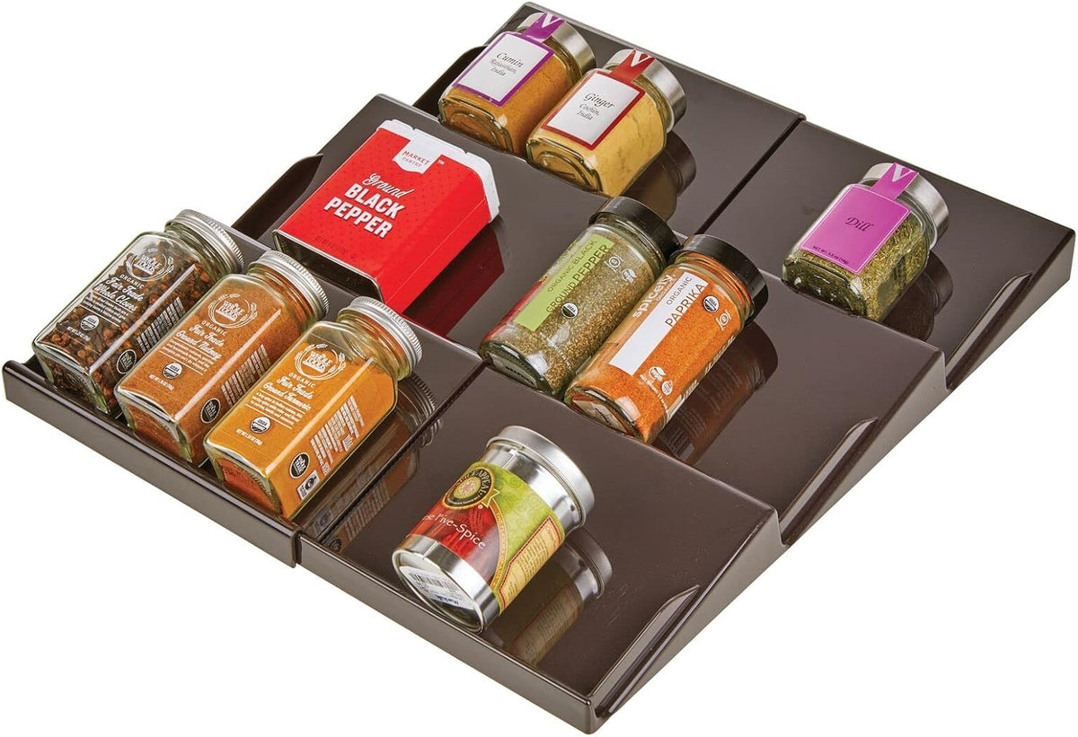 mDesign Expandable Plastic Deluxe Spice Rack, Drawer Organizer for Kitchen Cabinet Drawers, 3 Tier Slanted for Spice Jars, Food Seasoning Bottle Storage, Ligne Collection - Clear