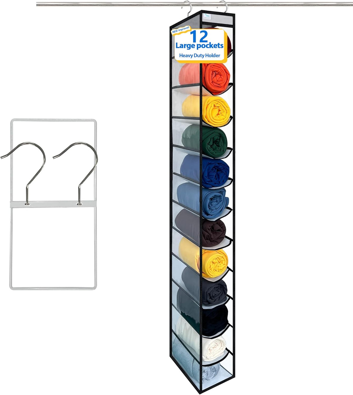 Over the Door Organizer Storage 6 Tier, 12 Large Capacity Side Pockets, Heavy Duty Metal Reinforced Hook Anti Tilt 75 LB Load Behind Door Storage for Bedroom Bathroom Pantry Nursery