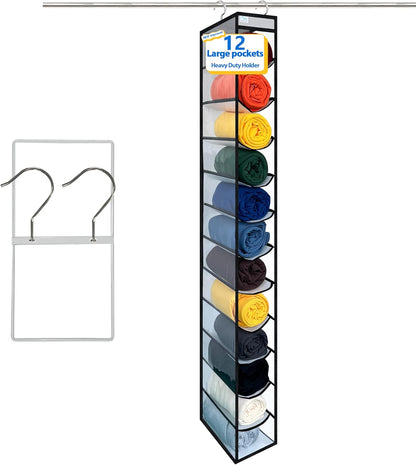 Over the Door Organizer Storage 6 Tier, 12 Large Capacity Side Pockets, Heavy Duty Metal Reinforced Hook Anti Tilt 75 LB Load Behind Door Storage for Bedroom Bathroom Pantry Nursery