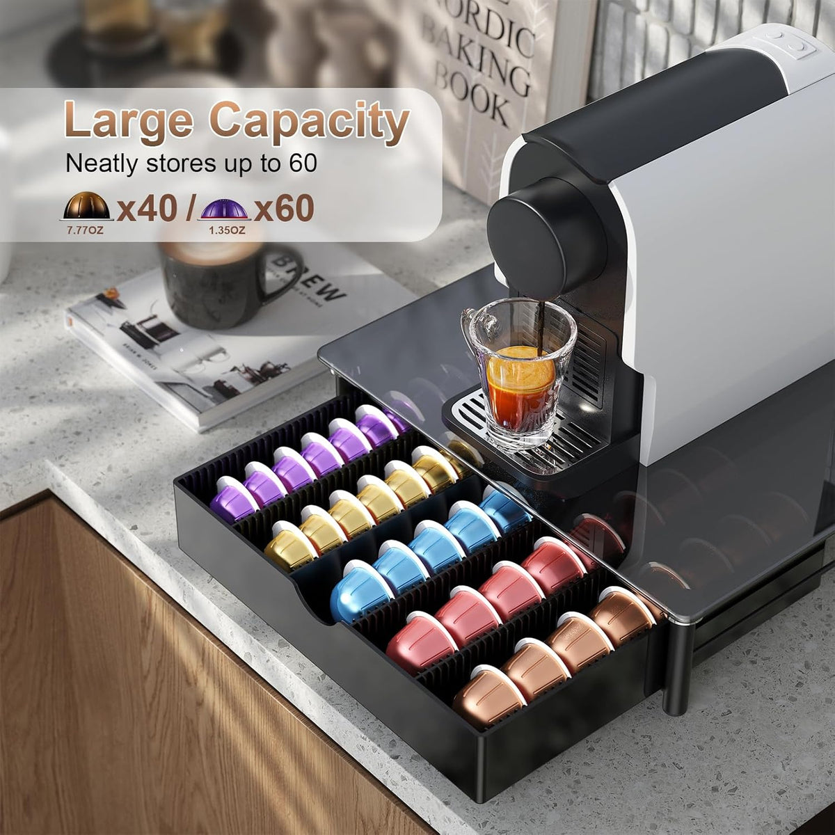 gianotter Crystal Tempered Glass Vertuo Pod Holder Drawer, Compatible with Nespresso Vertuo Capsules, Compatible with 40 Large or 60 Small Nespresso Capsule Organizer (transparent)