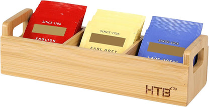 HTB Small Tea Bag Box Wooden, 3 Compartments Acacia Wood Tea Bag Chest with Handle, Mini Countertop Divided Storage Container for Beverage Supplies, Sugar, Sweeteners, Individual Packets