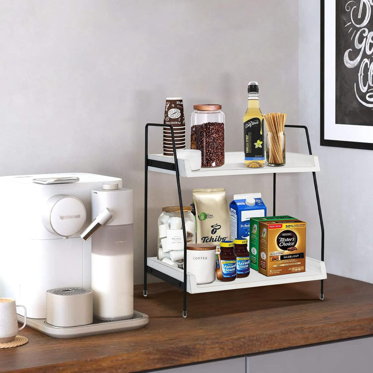 Coffee Bar Accessories and Organizer Countertop, Coffee Station Organizer Kitchen Counter Shelf Organizer,Coffee Condiment Storage,Cup Lid Holder Countertop Shelf for Bathroom (White)