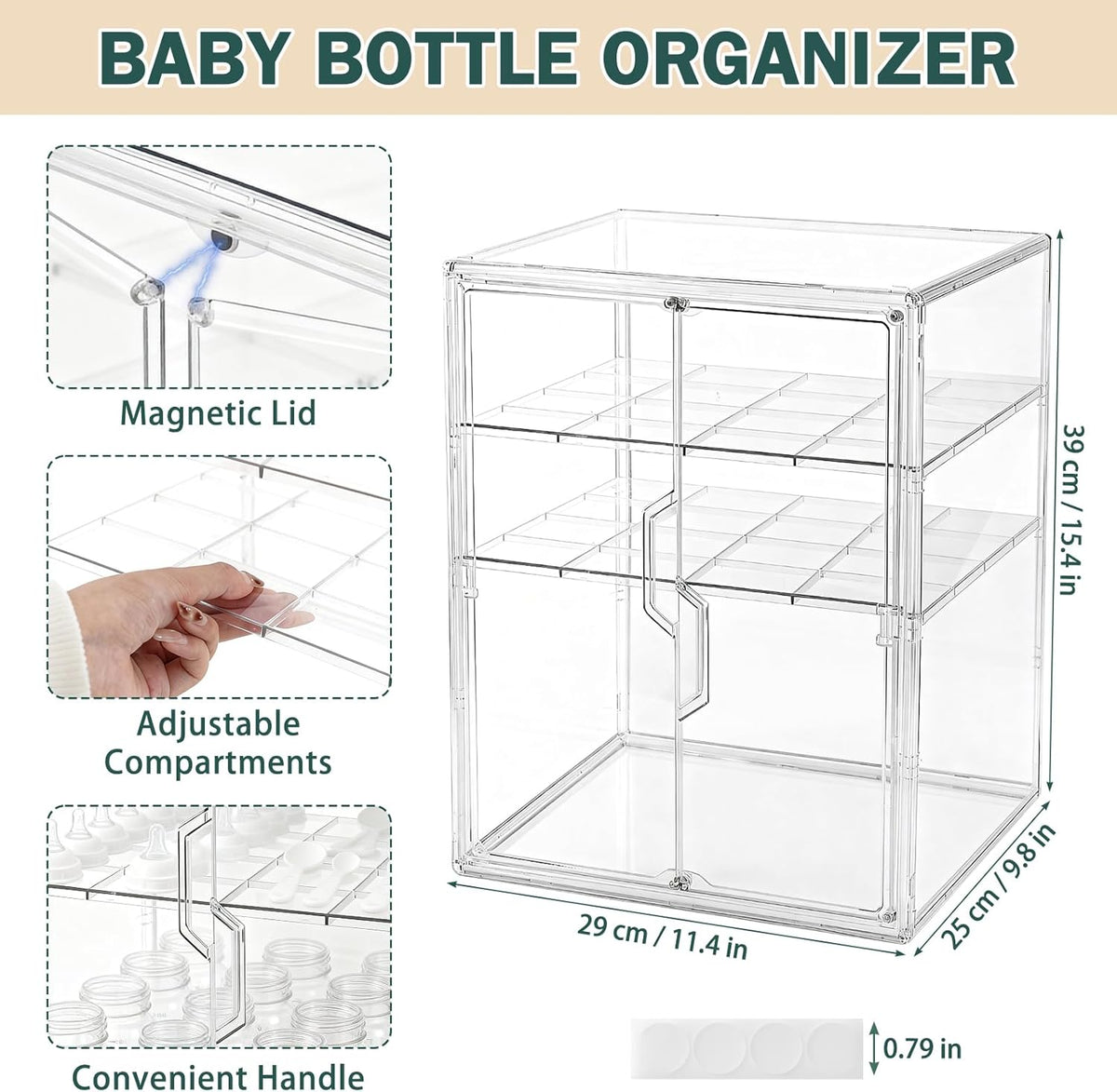 Baby Bottle Organizer, 3-Tier Bottle Storage for Countertop with Double Magnetic Doors, Clear Plastic Bottle Station Organizer Mom Gifts with 2 Dividers for Kitchen, Bathroom, Cabinet, Vanity