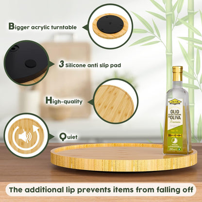Lazy Susan Organizer, 10 Inch Non-Skid Bamboo Turntable Organizer for Salt Pepper Olive Oil and Spices Next to Stove, Wooden Lazy Susan for Table or Kitchen Countertop Organizer