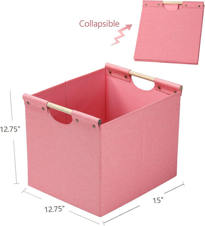 HOONEX Large Collapsible Storage Bins, Linen Fabric, Pack of 2, Storage Baskets with Wooden Carry Handles and Sturdy Heavy Cardboard, for Home, Office, Car, Nursery, Black