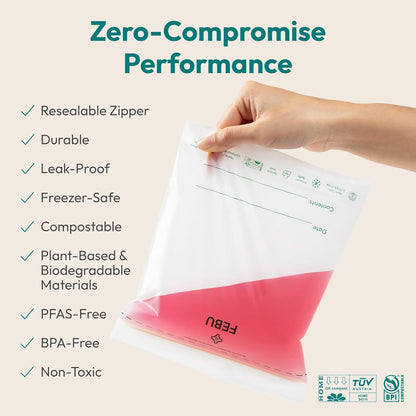 FEBU Compostable Food Storage Bags Variety Pack, 260 Count | Compostable & Biodegradable | PFAS & BPA Free | Drawer Organizer Box | 90 Snack, 90 Sandwich, 50 Quart, 30 Gallon