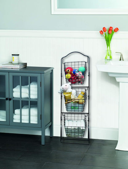 Mikasa Gourmet Basics Ferme 4-Tier Market Basket - Antique Black Wire and Acacia Wood Handle, Kitchen Fruit Vegetable Storage Organizer, 13.5 x 11.5 x 51 Inches