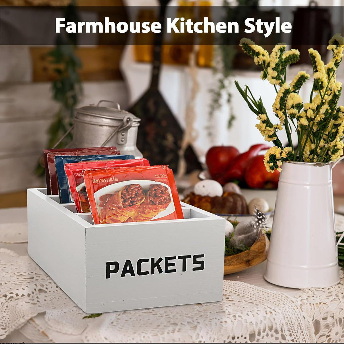 BSTKEY Seasoning Packet Organizer, Food Packet Storage Organizer with 4 Compartments, Wooden Storage Caddy for Kitchen Pantry Cabinet, Farmhouse Kitchen Organization Bin for Snacks Spice Packets