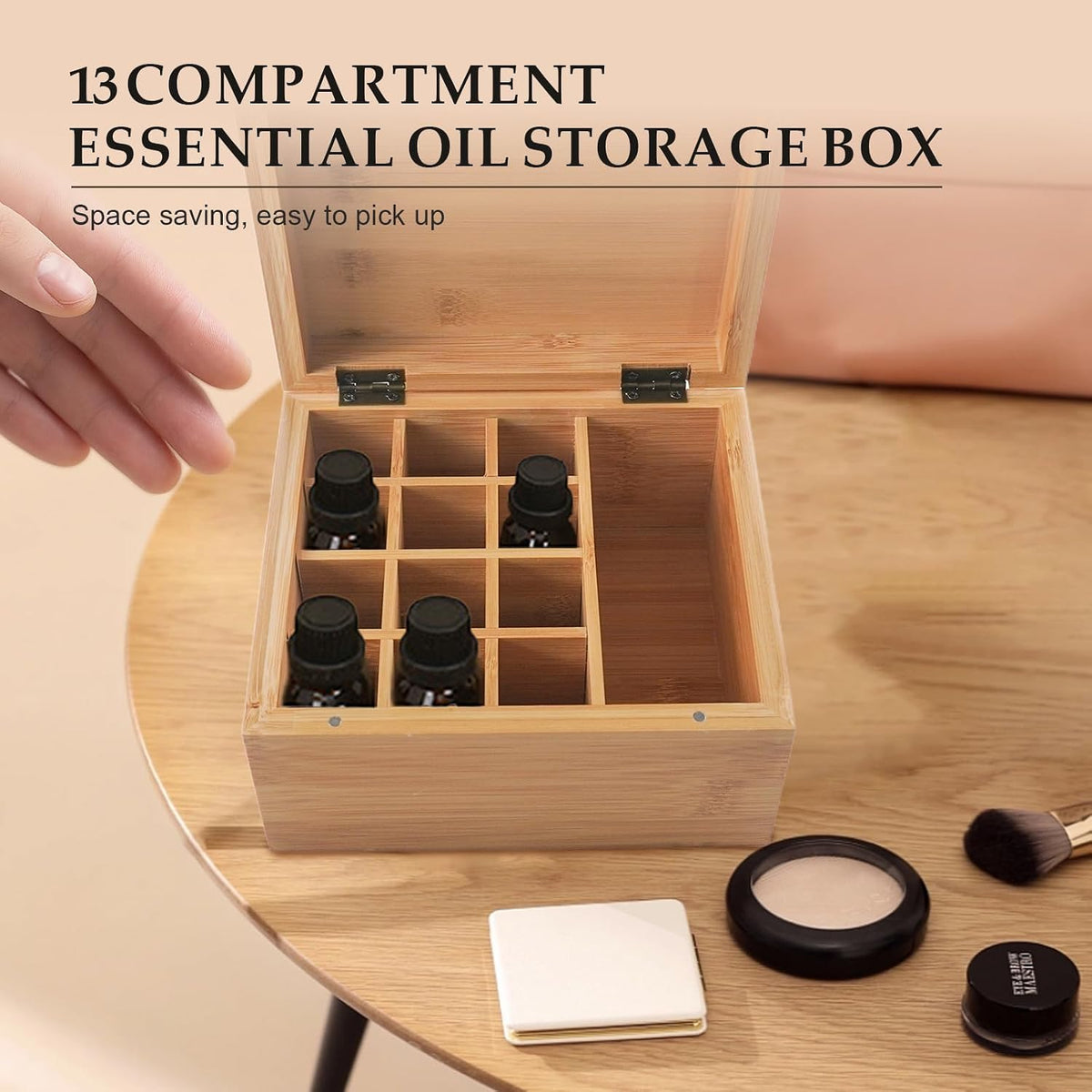 Pure Vie Essential Oil Bamboo Storage Box Travel Display Presentation, Holds 26 Bottles for 5, 10, 15ml - Aromatherapy Organizer Nail Polish Fragrance Container - Keep Your Oils Safe & Space Saver