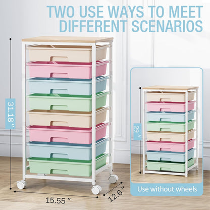 Rolling Cart with Drawers, Pink Cart with 8 Plastic Drawer Storage and Wooden Tabletop, Craft Storage, Teacher Cart, Storage Cart on Wheels, Rose Pink