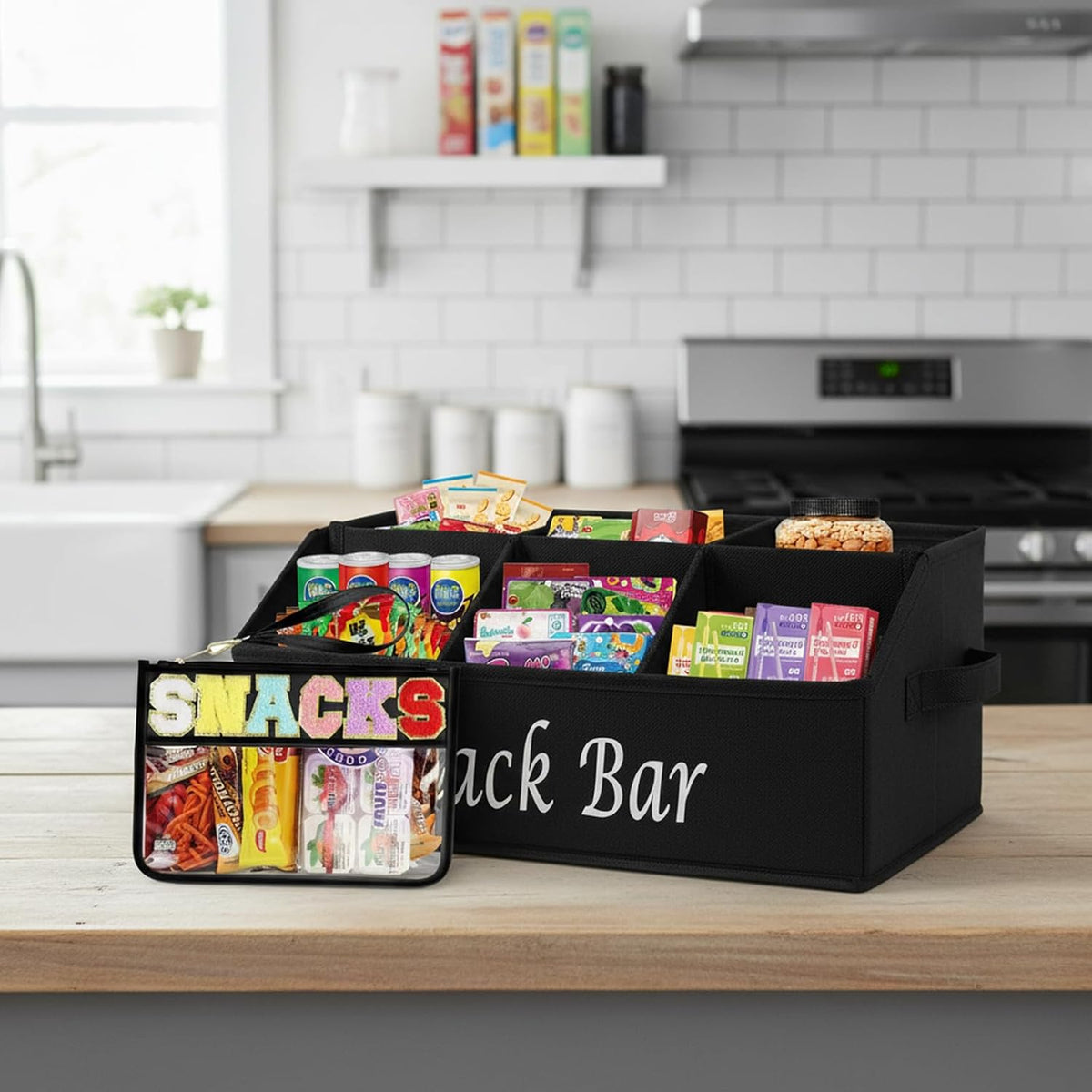 Snack Organizer with Snack Bag, Fabric Snack Basket with Handles, 6 Compartments Snack Container Storage, Clear Snack Bag for Travel Waterproof, Kitchen Pantry Organizer and Storage - Black