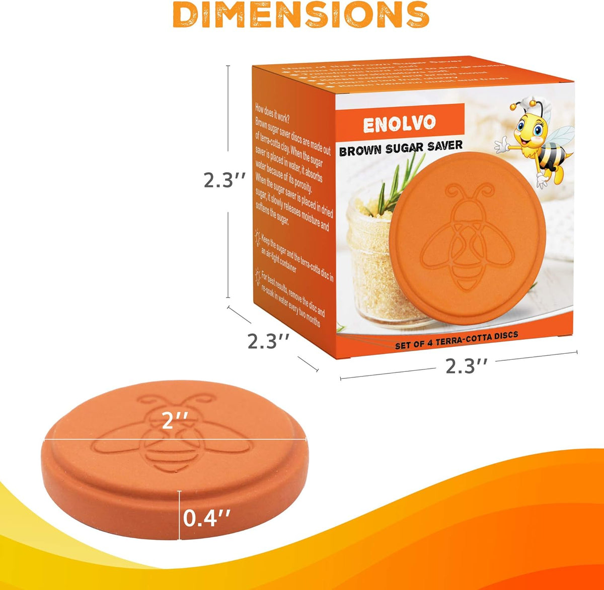 ENOLVO Terracotta Brown Sugar Saver- Brown Sugar Keeper Disc to Maintain Food Moisture in Storage Container - Terra Cotta Bear Softener Alternative (4 Pack)