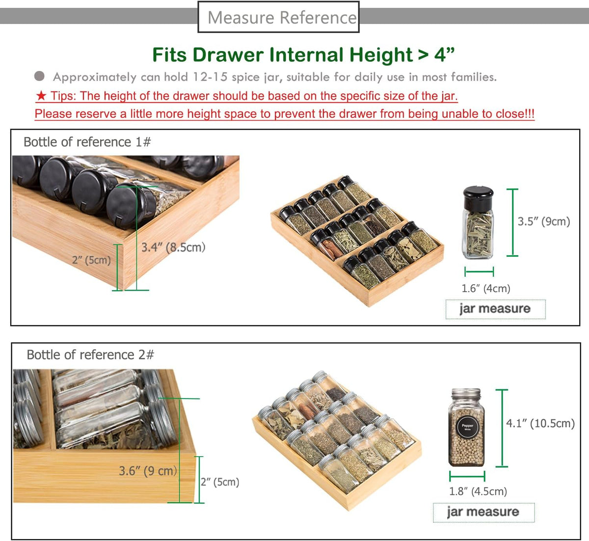 3-Tier Bamboo Drawer Spice Rack Wooden Kitchen Cabinet Spice Organizer Spice Jar Holder, Medicine/Health Care/Vitamin Bottles Storage Rack (Pre-Measure Drawer Dimensions), Drawer Rack