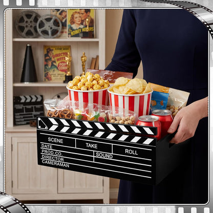 Movie Night Supplies Snack Trays with Handles Reusable Wooden Movie Gift Basket for Theater Popcorn Bucket Bowl Box Container Family Room Decor(Classic Style)