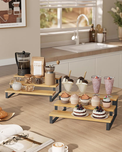 SONGMICS Display Risers, Set of 2 Engineered Wood Perfume Organizer Stand, 4-Tier Cupcake Stand Holder, Spice Rack, Shelf Risers for Figures, Dessert Shelves, Natural Beige and Cloud White UKCS216N02