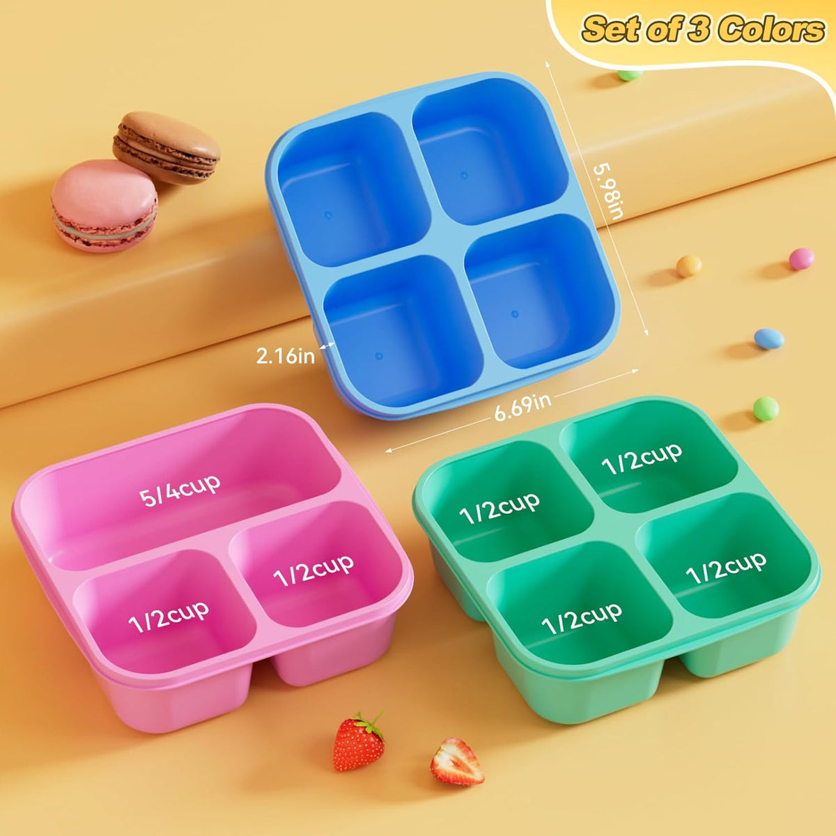 Canfanni 6 Pcs Snack Box Container Set, Reusable 3&4 Compartment Meal Prep Snack Containers for Adults Kids Toddler, BPA-Free Divided Lunchable Container for School, Work and Travel (5 Color)