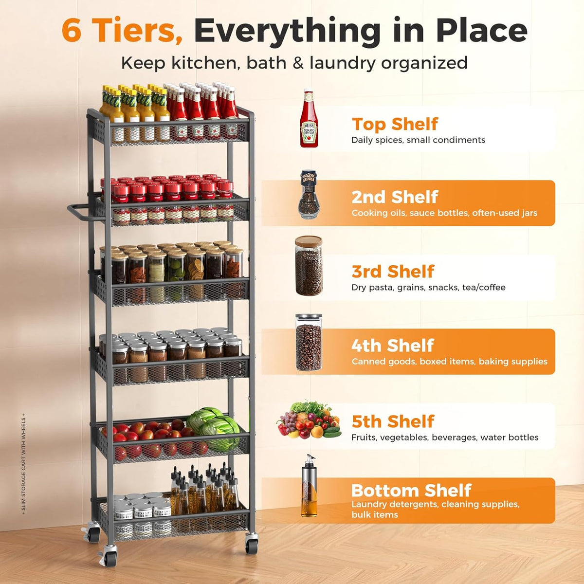 5 Tier Kitchen Storage Cart with Wheels, Utility Fruit Vegetable Storage Rack Stand with Pull-Out Baskets & Wood Top, Metal 4-Drawers Rolling Snack Cart, Kitchen Cart for Potato Onion(Black)
