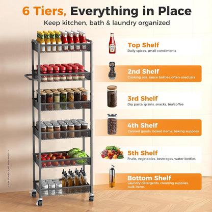 5 Tier Kitchen Storage Cart with Wheels, Utility Fruit Vegetable Storage Rack Stand with Pull-Out Baskets & Wood Top, Metal 4-Drawers Rolling Snack Cart, Kitchen Cart for Potato Onion(Black)