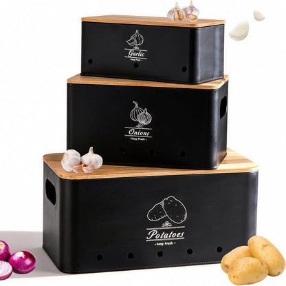 Potato Onion and Garlic Storage Bin Set of 3, Black Metal Kitchen Vegetable Canisters with Bamboo Lid and Aerating Holes, Stackable Kitchen Storage Tin for Countertop Pantry