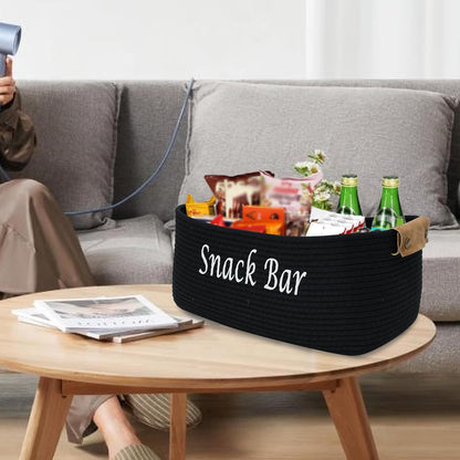 Snack Organizer for Pantry Shelf, Black Cotton Rope Basket with Handles, Snack Bin for Storing Chips, Pretzels, Cookies, Popcorn, Snack Bar Station Kitchen Organization