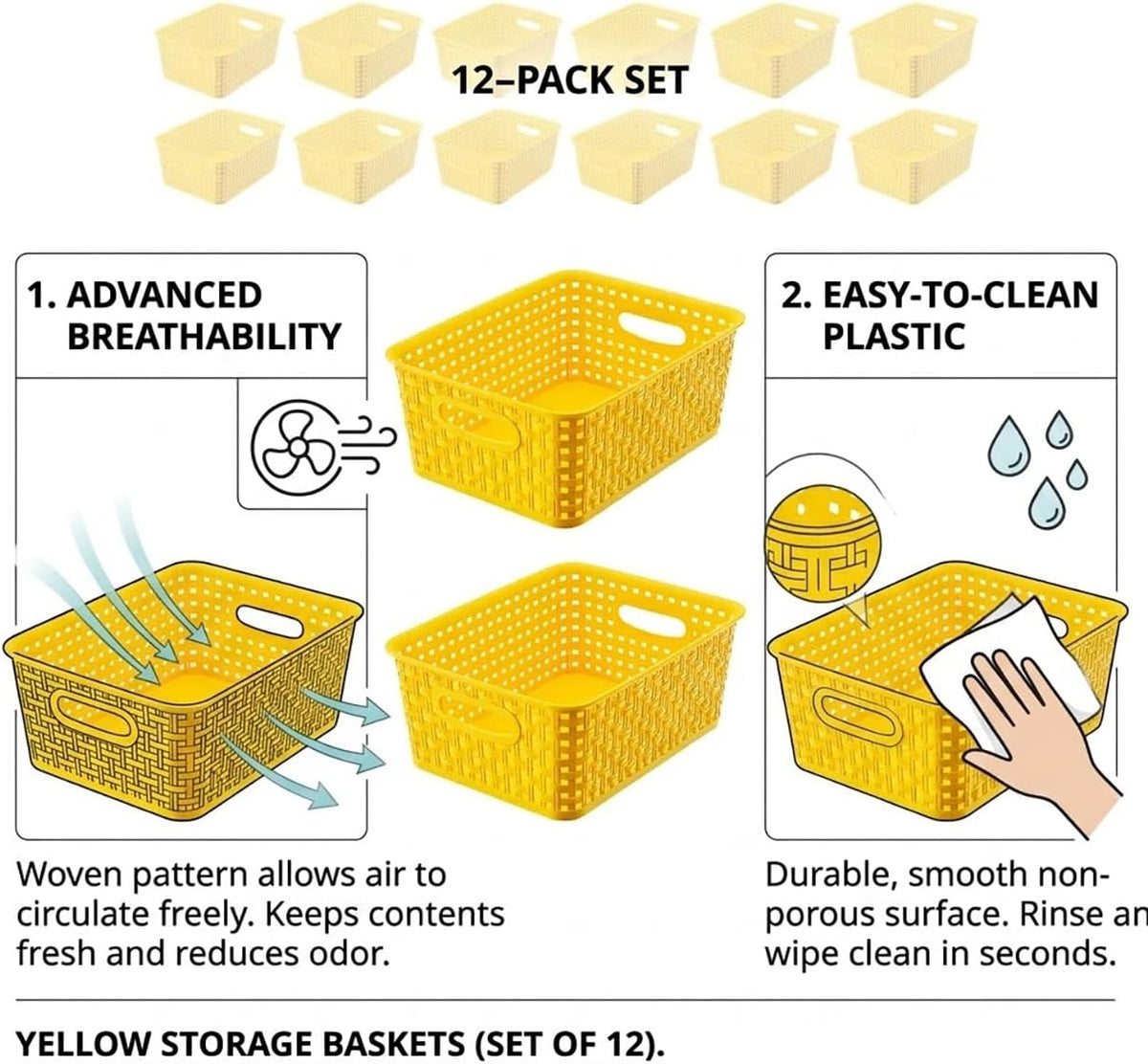 Khaki Stackable Storage Baskets, Plastic Weave Basket Organizer and Storage Set of 12, Pantry Organizing Baskets for Shelves, Kitchens, Bathrooms, Classrooms, Cabinets and Bedrooms