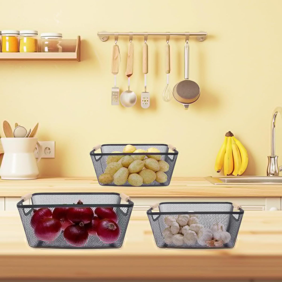 Potato and Onion Storage Bin, 2 Set Potato Bin Storage and Onion Container with Wooden Handle, Pantry Kitchen Organization and Storage, Metal Mesh Baskets for Fruit, Vegetable, Produce-Black