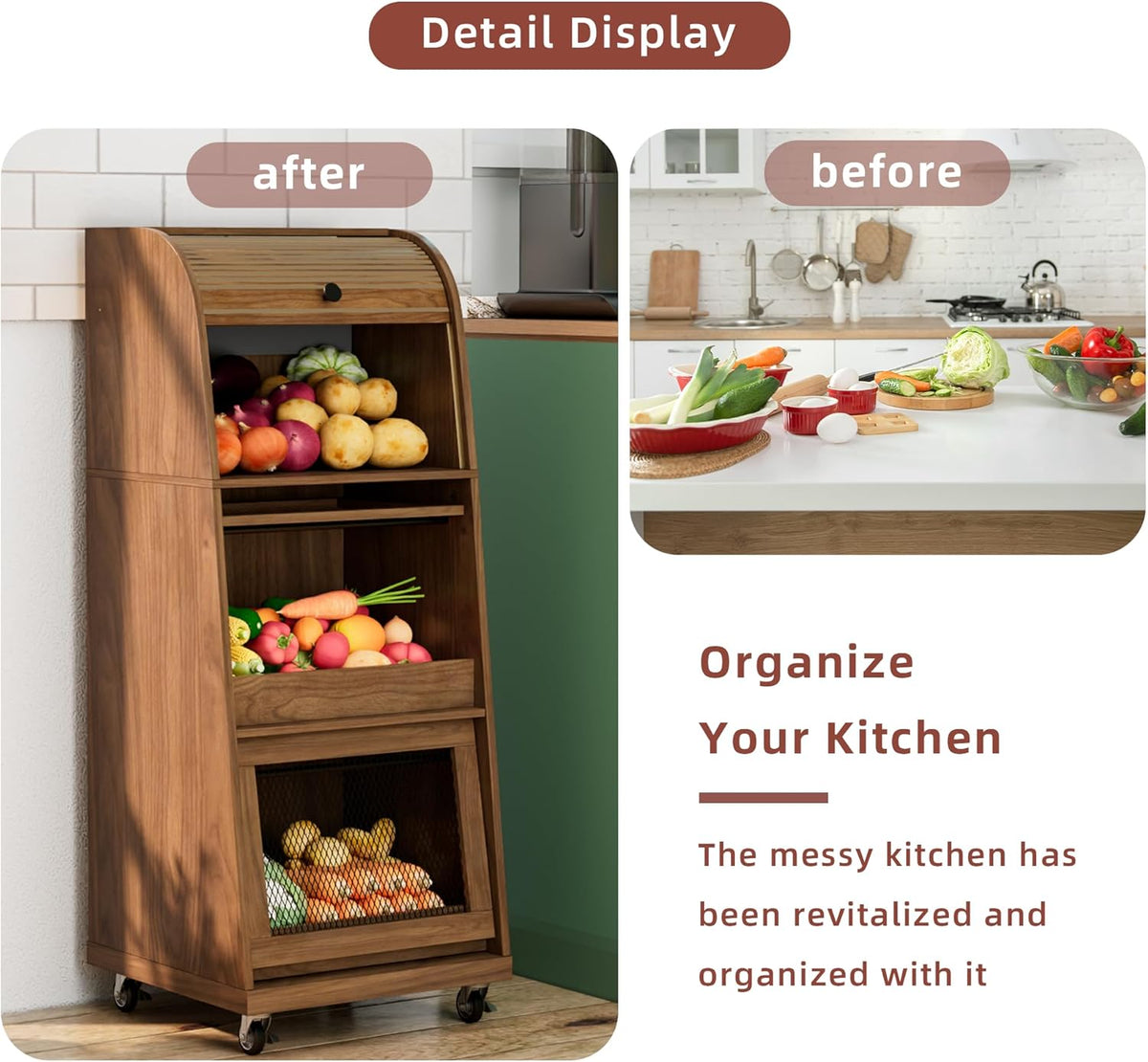 4 Tier Narrow Potato Storage Bin, Tall Wood Potato and Onion Storage Bin with Wheel, Movable Fruit and Vegetable Basket, Food Small Kitchen Pantry Cabinet, Wooden Bread Box, Walnut, Sliding Door