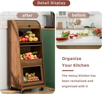 4 Tier Narrow Potato Storage Bin, Tall Wood Potato and Onion Storage Bin with Wheel, Movable Fruit and Vegetable Basket, Food Small Kitchen Pantry Cabinet, Wooden Bread Box, Walnut, Sliding Door