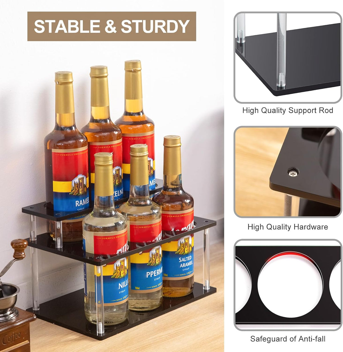 Acrylic Coffee Syrup Organizer, 2 Tier Coffee Syrup Rack (6 Bottle Capacity), Syrup Bottle Holder Stand for Coffee Bar, Kitchen Countertop Syrups, Condiments and Wine (Transparent)