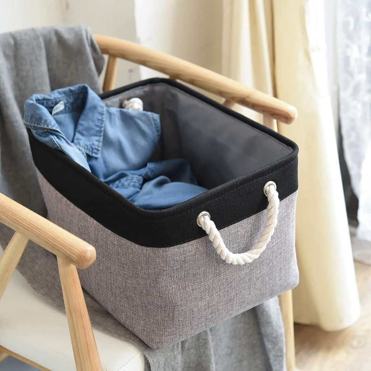Fabric Storage Bins 12x8x5 inch [6-Pack] with Rope Handles - Decorative Baskets for Organizing