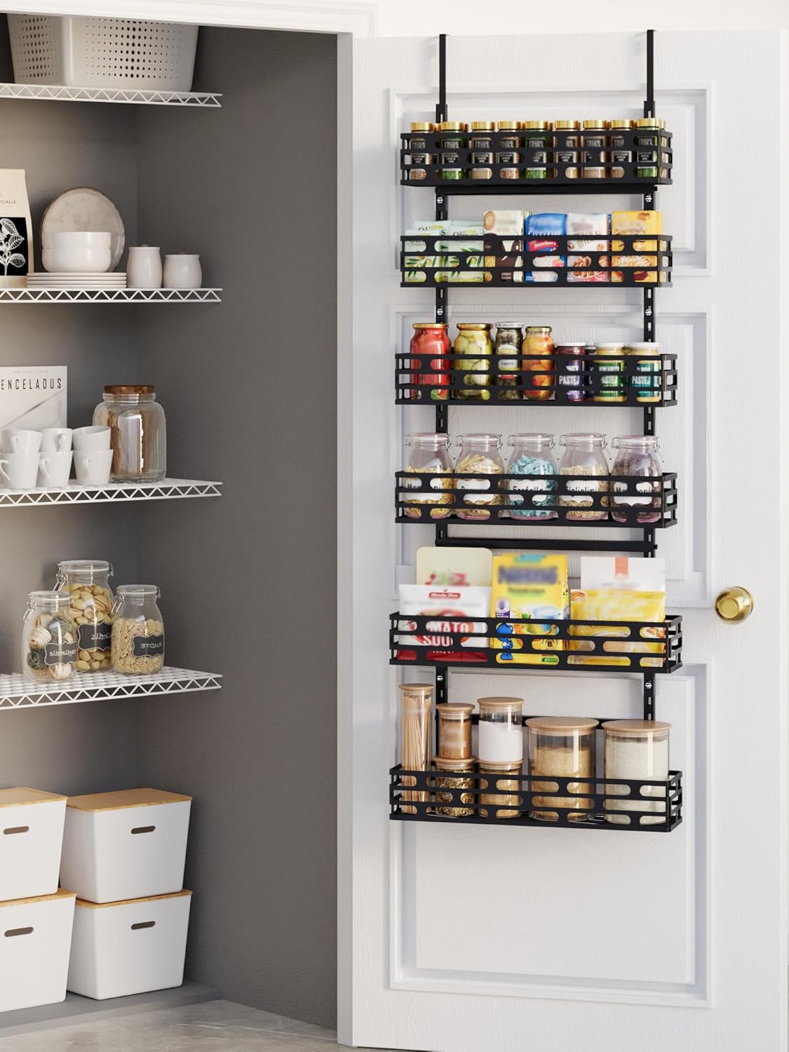6-Tier Over the Door Pantry Organizer, Pantry Organization And Storage, Hanging Storage Organizer Spice Rack Metal Shelving for Home & Kitchen, Office Laundry Room Bathroom Black