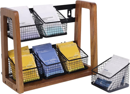 HTB 2 Tier Tea Organizer for Tea Bags, Tea Bag Holder with Acacia Wood Stand and 6 Removable Metal Basket for Sugar Packets, Sweeteners, Creamers for Cabinet, Countertop or Wall-mounted