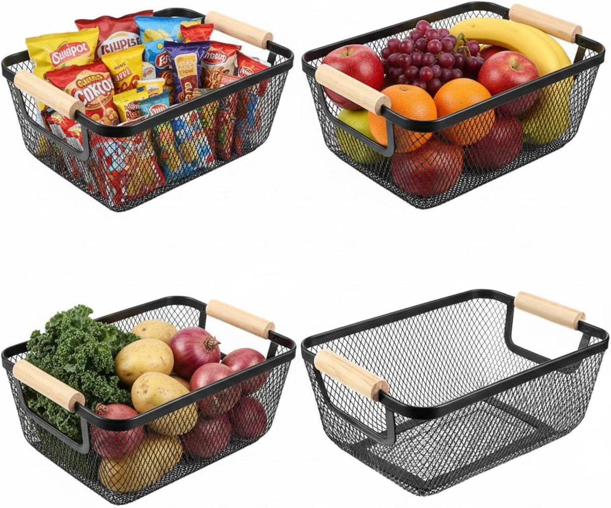 Ziliny 4 Pcs Metal Mesh Wire Baskets with Wooden Handles for Organizing, Pantry Organizers and Storage Steel Bin Kitchen Baskets for Fruit Potato Onion Snacks Bathroom Cabinet(Small,Black)