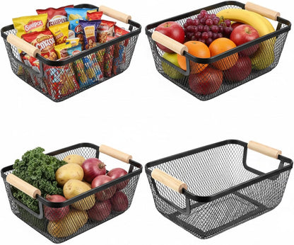 Ziliny 4 Pcs Metal Mesh Wire Baskets with Wooden Handles for Organizing, Pantry Organizers and Storage Steel Bin Kitchen Baskets for Fruit Potato Onion Snacks Bathroom Cabinet(Small,Black)