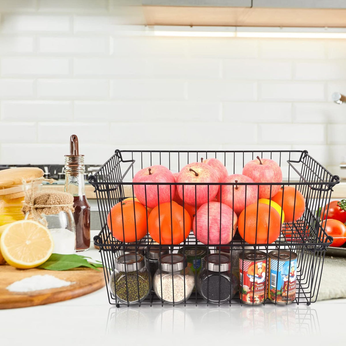 Set of 2 Stackable XXL Wire Baskets For Pantry Storage and Organization -16x12in Large Metal Food Baskets -Vegetable,Fruit,Potato,Onio, Pantry Storage Bins With Handles (Black, XXL)