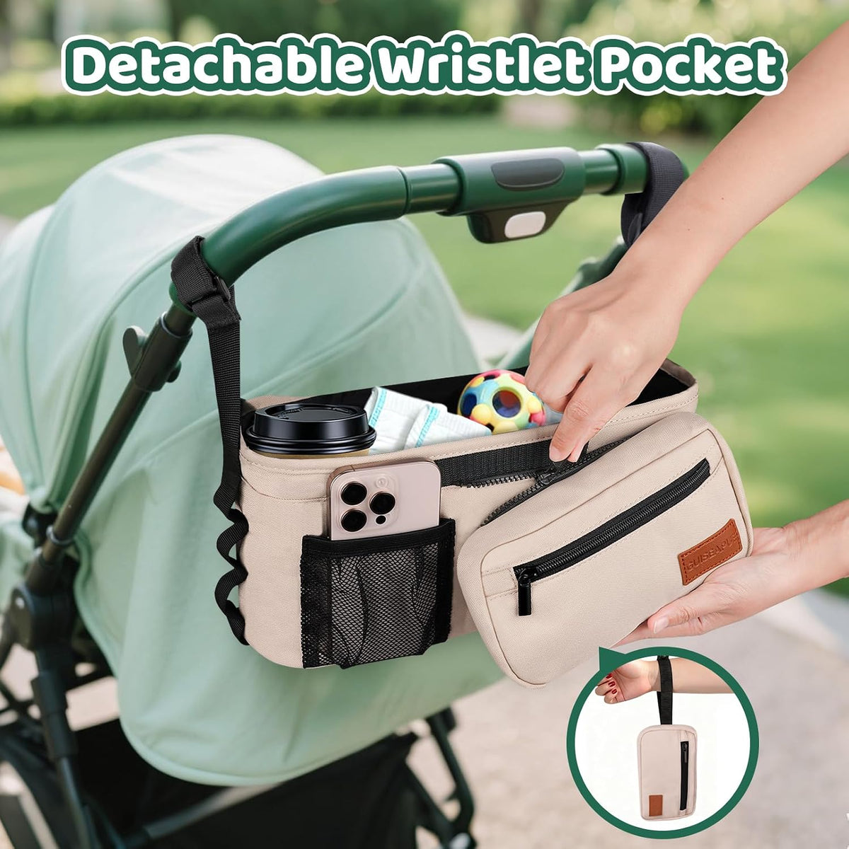 Guiseapue Universal Stroller Organizer with Cup Holder: Baby Essentials, Stroller Caddy Accessories with Detachable Phone Bag, Non-Slip Straps, Fits for Uppababy, Baby Jogger, New Moms Baby Gifts