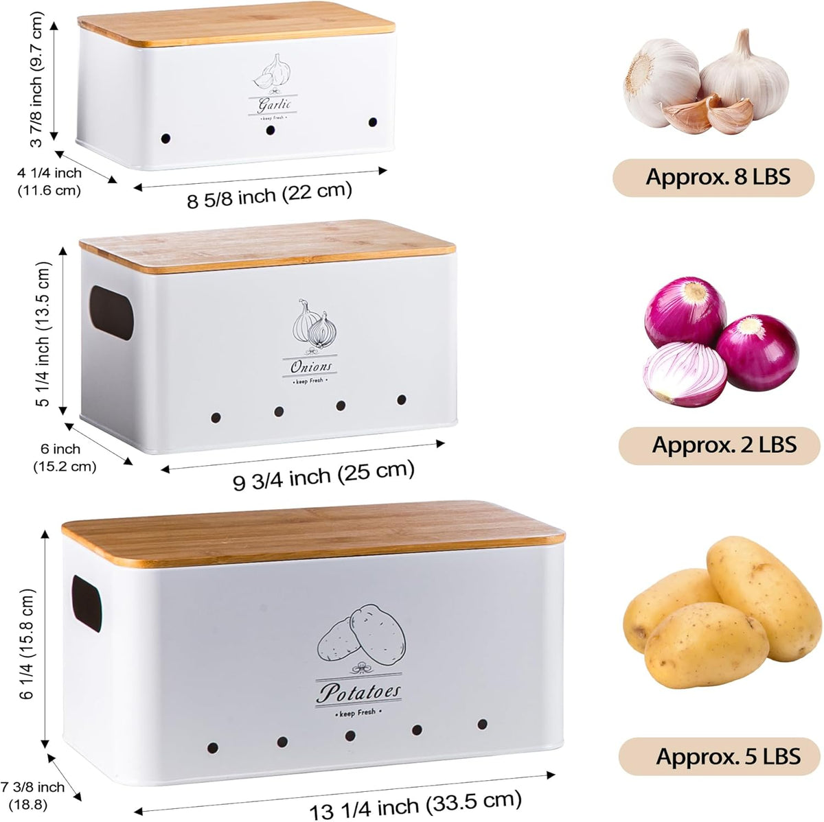 Potato Onion and Garlic Storage Bin Set of 3, Black Metal Kitchen Vegetable Canisters with Bamboo Lid and Aerating Holes, Stackable Kitchen Storage Tin for Countertop Pantry