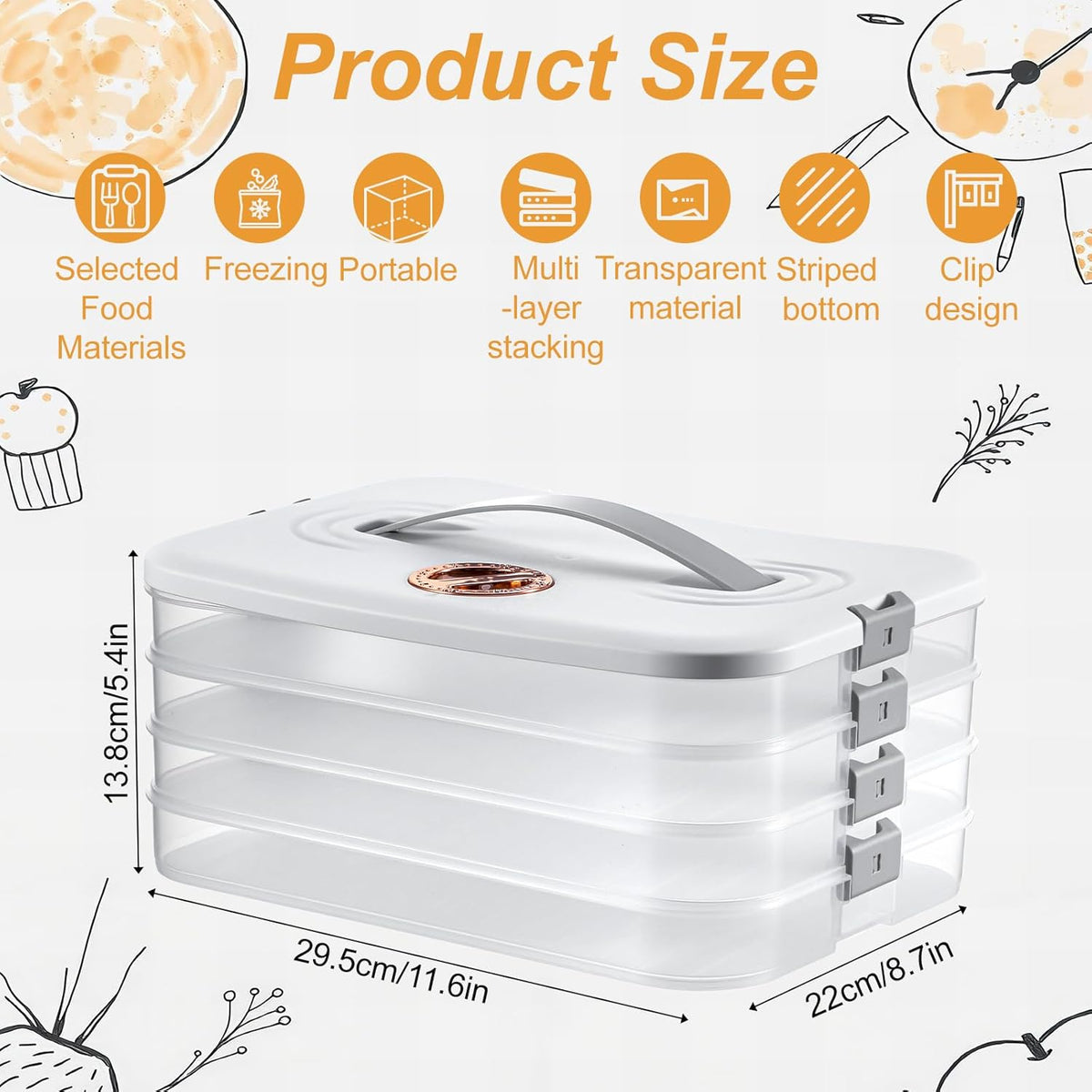 4-Layer Food Storage Container with Lids – Stackable, Airtight Cookie & Dumpling Carrier for Fridge, Freezer, Travel – BPA-Free Plastic, White (11.6” x 8.7” x 5.4”)