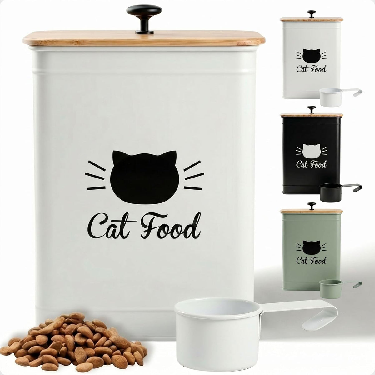 Cat Food Storage Container with Scoop - 5-7 lb (25 Cup) Capacity Metal Cat Food Container with Airtight Bamboo Lid and Metal Scoop - Airtight Pet Food Storage Containers 5 lb - 7 lb Kibble Container